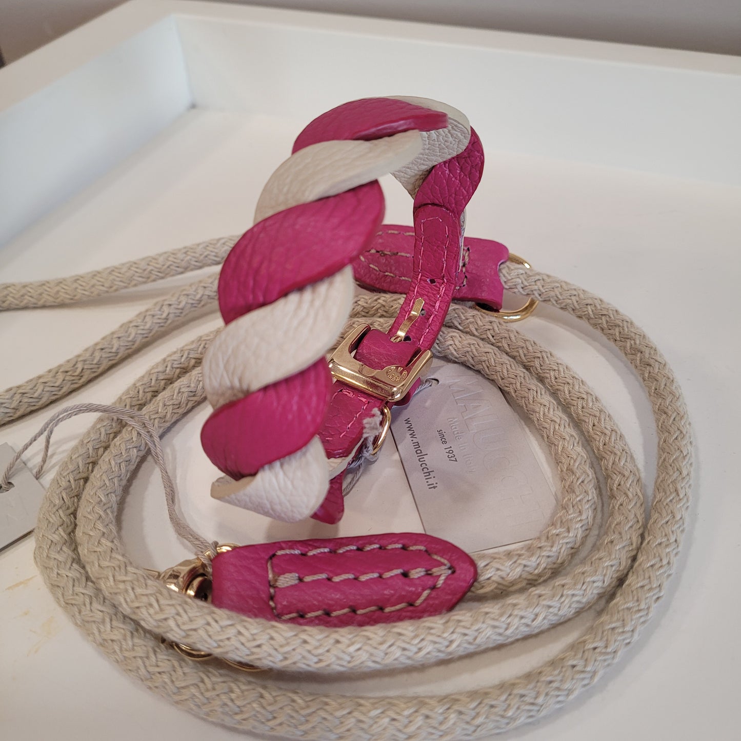 Set collare più guinzaglio burro/Fuchsia