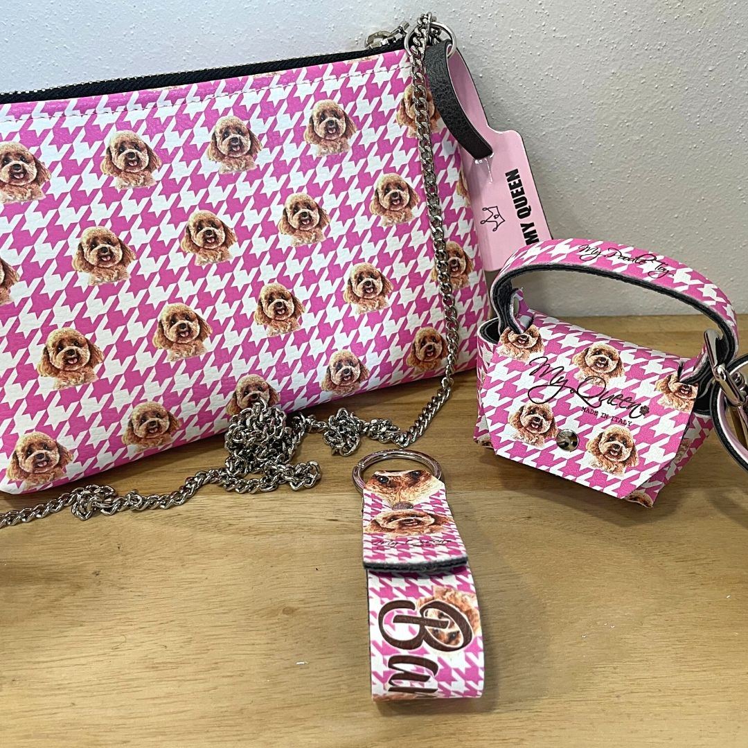 myqueenpet-completo-pochette-portachiavi-portasachetti-pieddepoule-rosa-barboncino