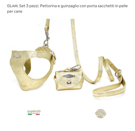 Glam set 3 pezzi pupakiotti composto da pettorina più guinzaglio e portasacchetti gold